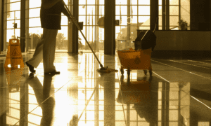 Image of a cleaning services professional mopping a shining business lobby for a hygienic clean.